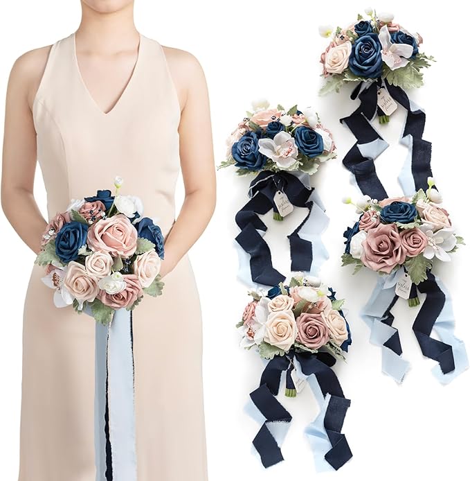 Artificial Flowers Burgundy & Navy Blue Bridesmaid Bouquet Set of 4