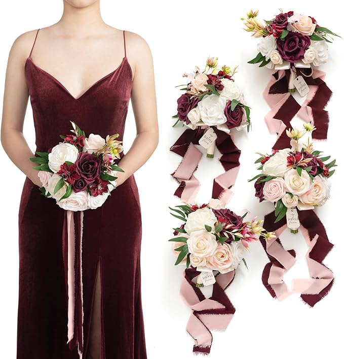 Artificial Flowers Burgundy & Navy Blue Bridesmaid Bouquet Set of 4