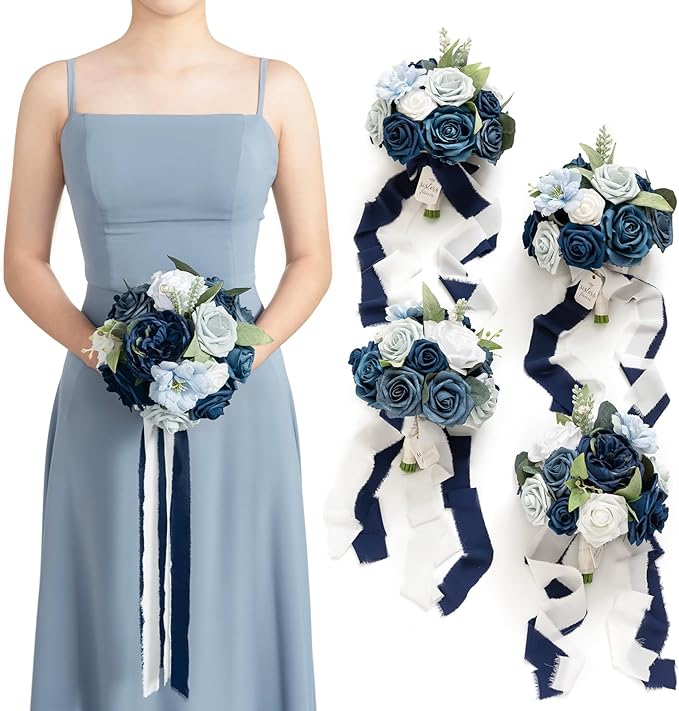 Artificial Flowers Burgundy & Navy Blue Bridesmaid Bouquet Set of 4