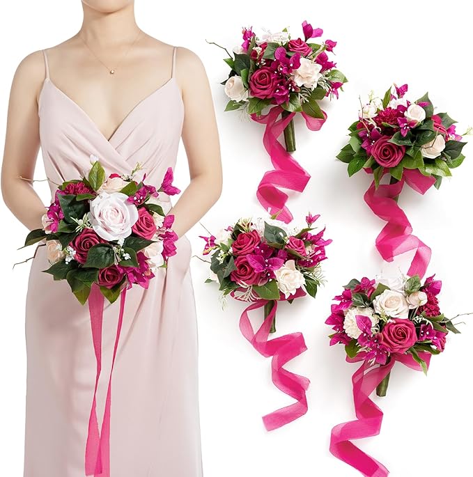 Artificial Flowers Burgundy & Navy Blue Bridesmaid Bouquet Set of 4