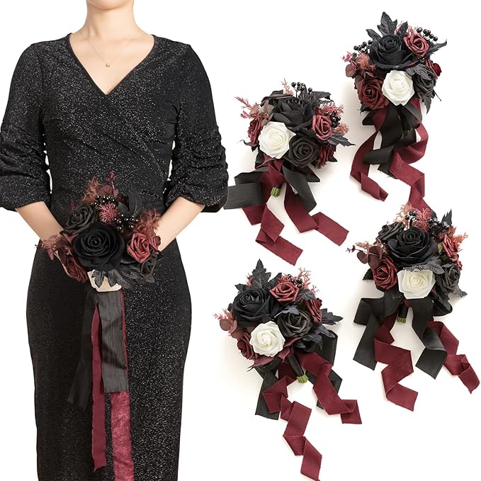 Artificial Flowers Burgundy & Navy Blue Bridesmaid Bouquet Set of 4