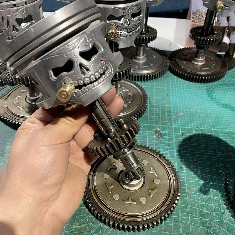 Custom Piston Skull Sculpture on Gear Base.