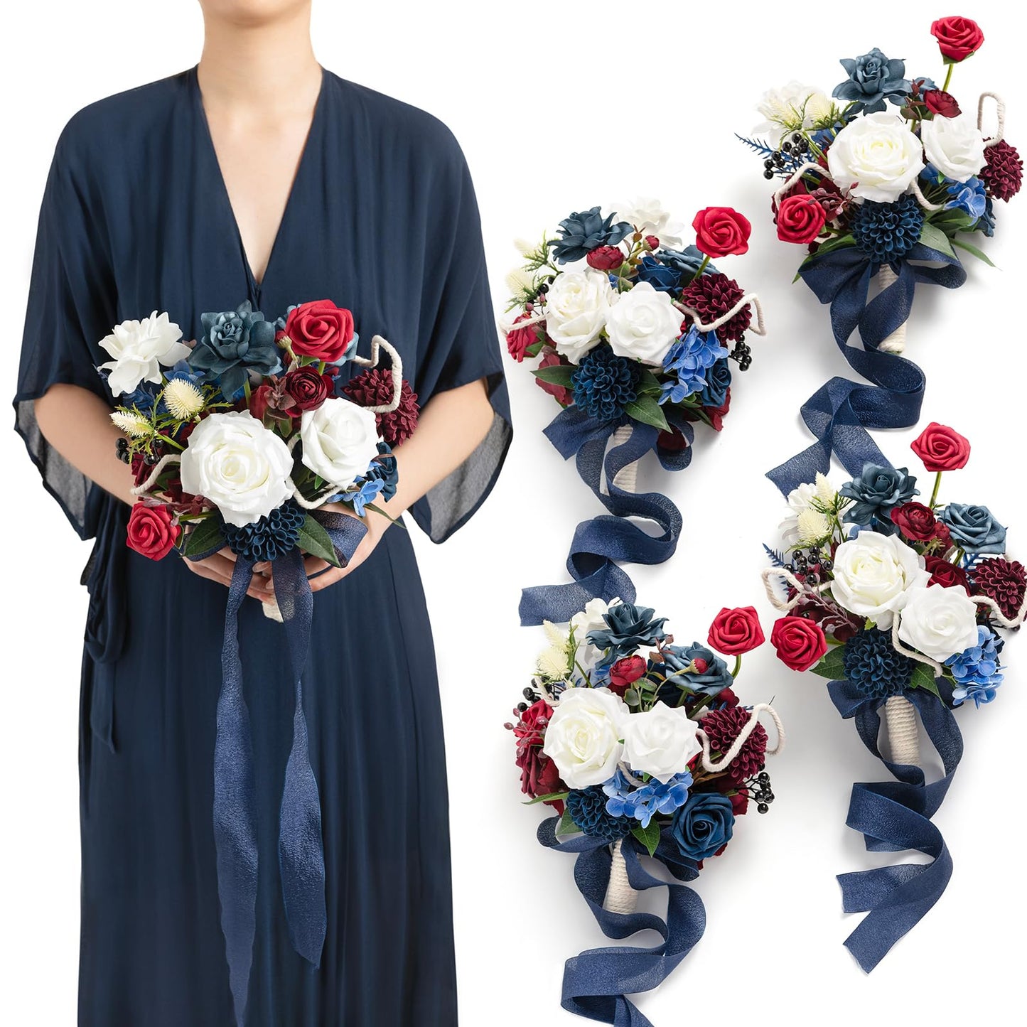 Artificial Flowers Burgundy & Navy Blue Bridesmaid Bouquet Set of 4
