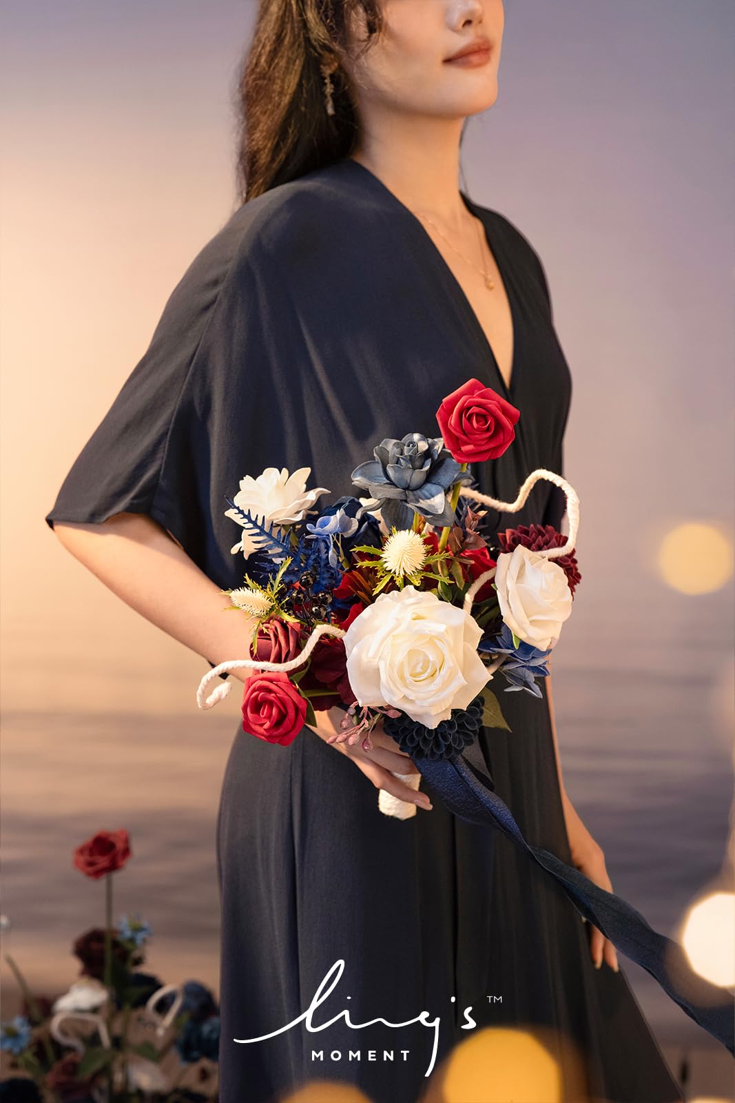 Artificial Flowers Burgundy & Navy Blue Bridesmaid Bouquet Set of 4