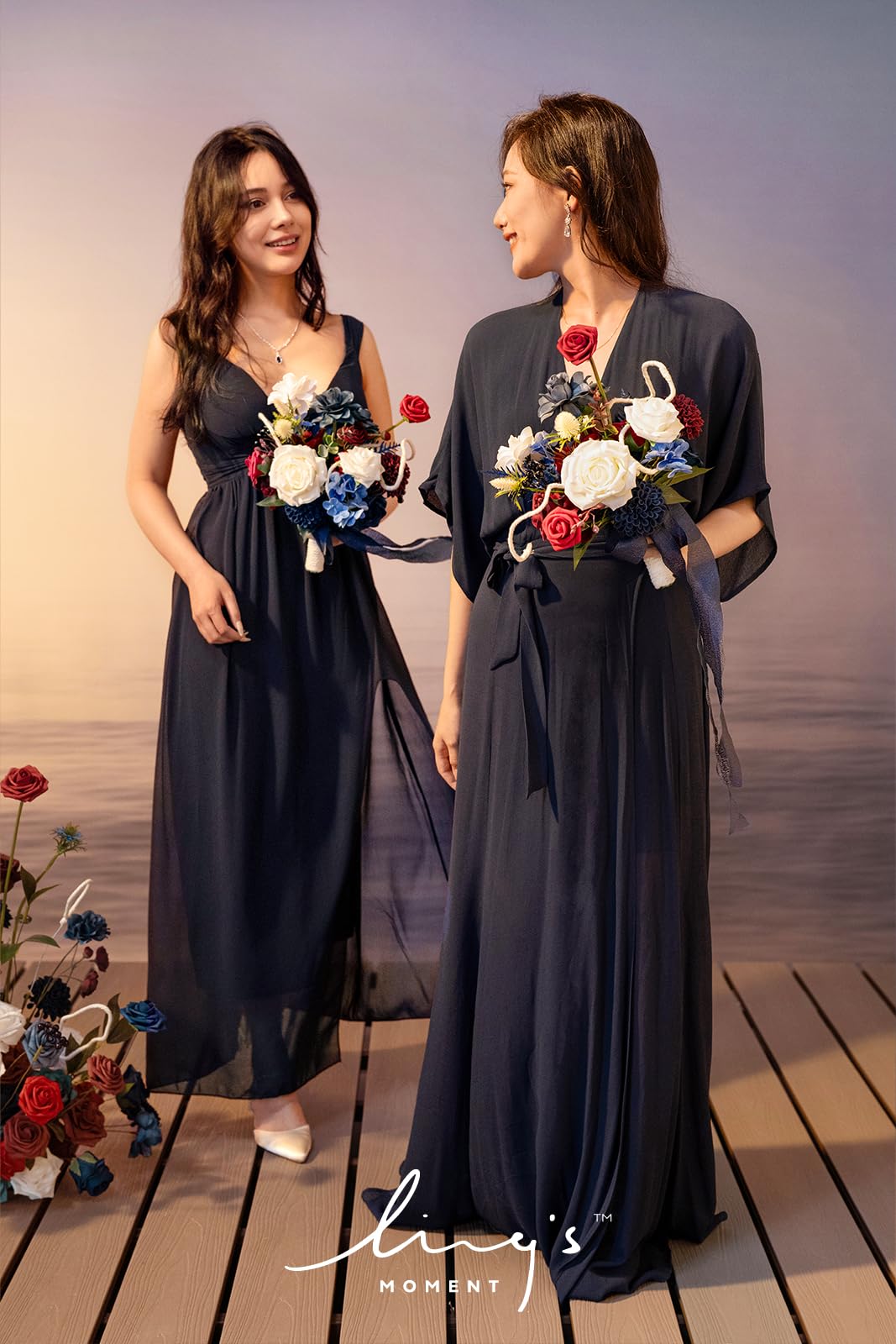 Artificial Flowers Burgundy & Navy Blue Bridesmaid Bouquet Set of 4