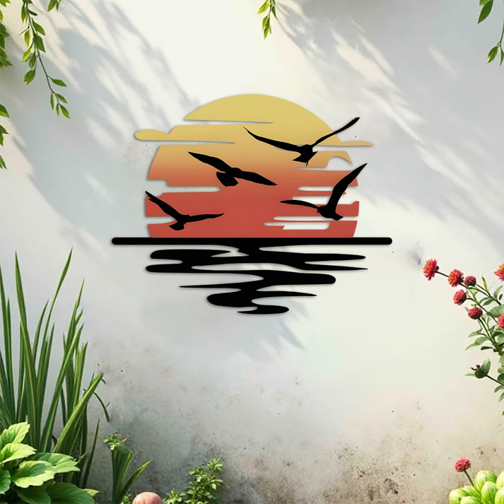 🌞Colorful Sunset Seagull Sparkle Metal Wall Art