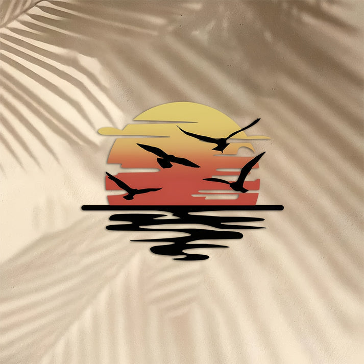 🌞Colorful Sunset Seagull Sparkle Metal Wall Art