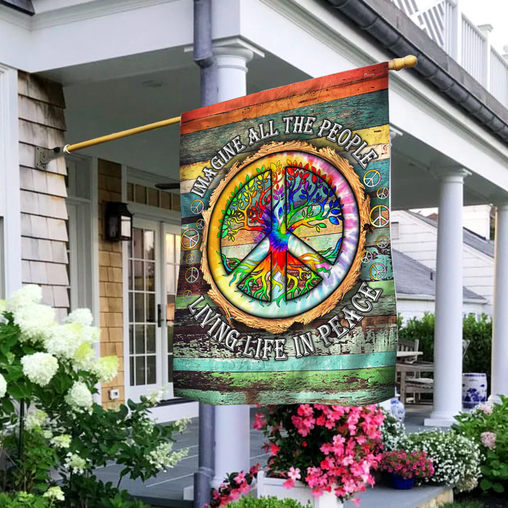 🌈 Peace Sign Hippie Flag – “Imagine” Quote Banner ✨