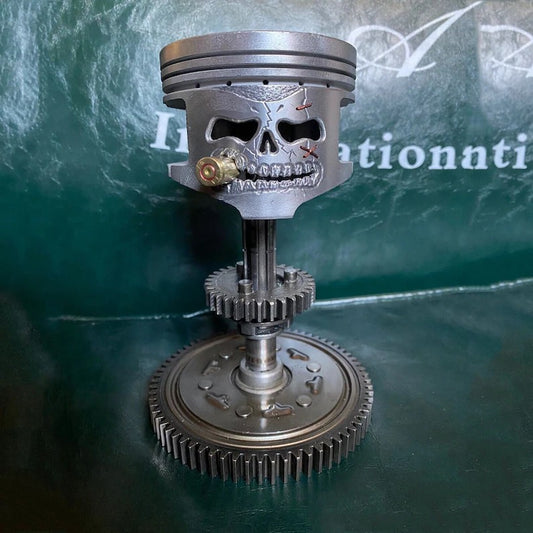 Custom Piston Skull Sculpture on Gear Base.