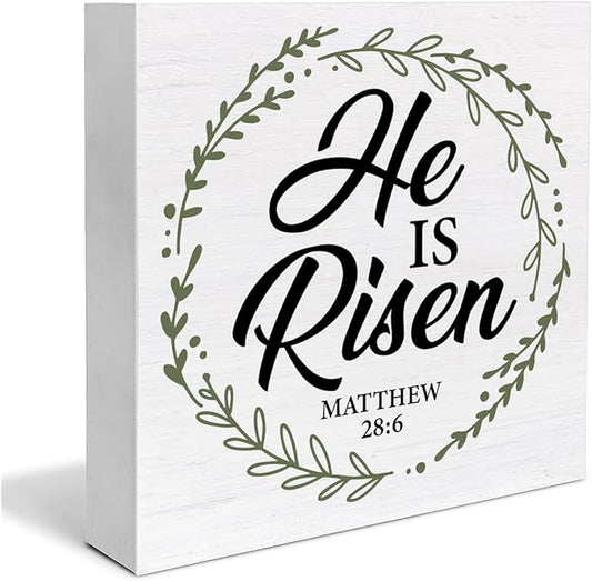 Christian Decor Rustic He Is Risen Bible Verse Wooden Sign Easter Desk Decorations Home Bedroom Living Room Shelf Decor 5 x 5 Inches