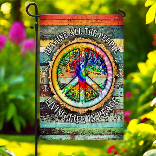 🌈 Peace Sign Hippie Flag – “Imagine” Quote Banner ✨