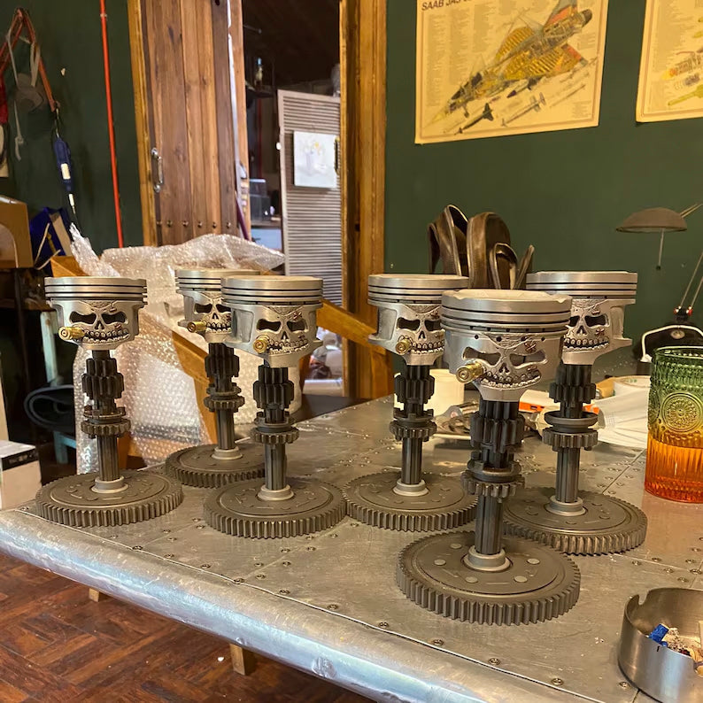 Custom Piston Skull Sculpture on Gear Base.