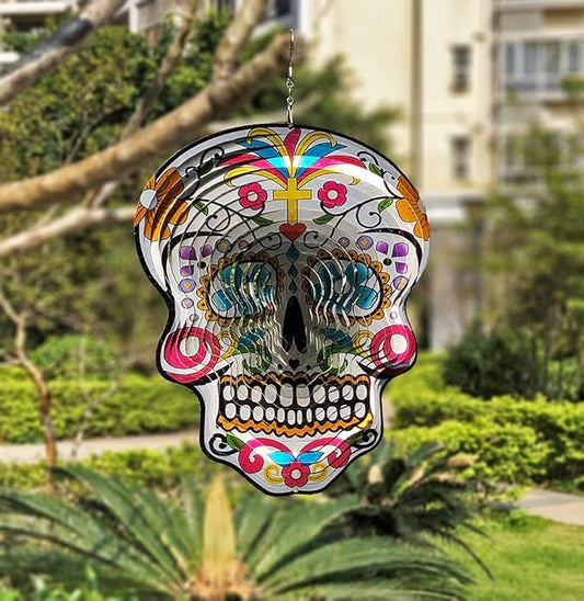 🔥 Summer Sale: 12″ Sugar Skull Wind Spinner – Metal Garden Ornament 💀🌬️