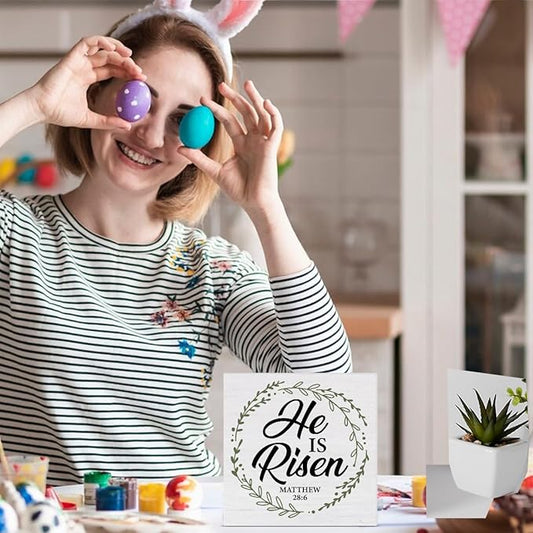 Christian Decor Rustic He Is Risen Bible Verse Wooden Sign Easter Desk Decorations Home Bedroom Living Room Shelf Decor 5 x 5 Inches