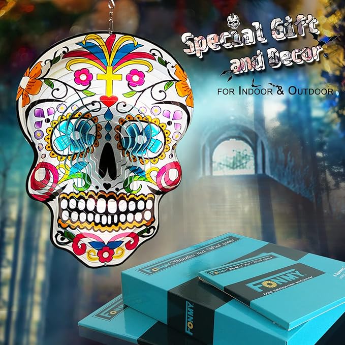 🔥 Summer Sale: 12″ Sugar Skull Wind Spinner – Metal Garden Ornament 💀🌬️