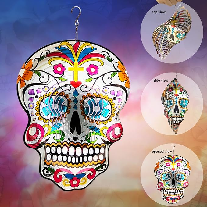 🔥 Summer Sale: 12″ Sugar Skull Wind Spinner – Metal Garden Ornament 💀🌬️