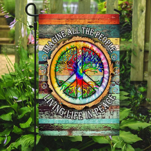 🌈 Peace Sign Hippie Flag – “Imagine” Quote Banner ✨