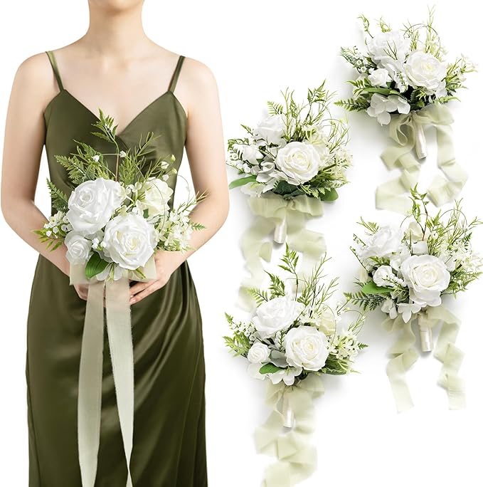 Artificial Flowers Burgundy & Navy Blue Bridesmaid Bouquet Set of 4