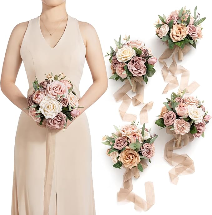 Artificial Flowers Burgundy & Navy Blue Bridesmaid Bouquet Set of 4