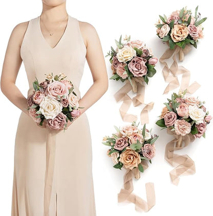 Artificial Flowers Burgundy & Navy Blue Bridesmaid Bouquet Set of 4