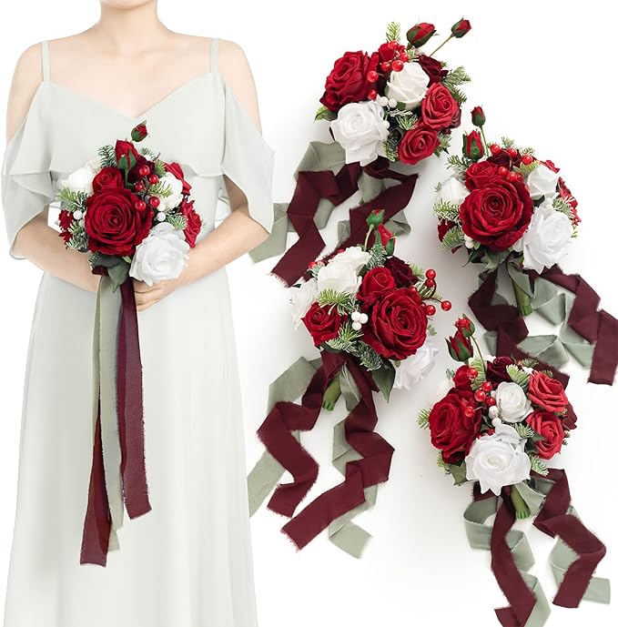 Artificial Flowers Burgundy & Navy Blue Bridesmaid Bouquet Set of 4