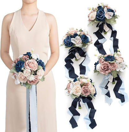 Artificial Flowers Burgundy & Navy Blue Bridesmaid Bouquet Set of 4