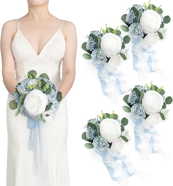 Artificial Flowers Burgundy & Navy Blue Bridesmaid Bouquet Set of 4