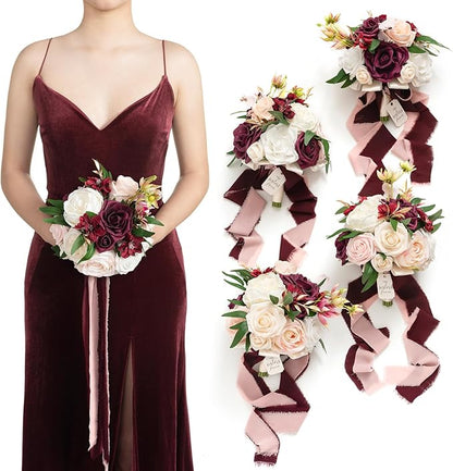 Artificial Flowers Burgundy & Navy Blue Bridesmaid Bouquet Set of 4