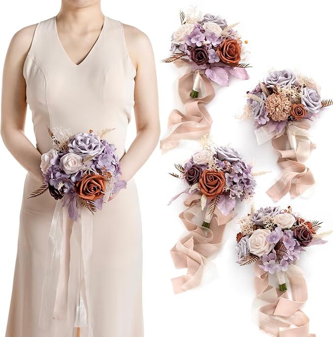 Artificial Flowers Burgundy & Navy Blue Bridesmaid Bouquet Set of 4