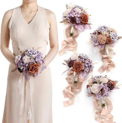 Artificial Flowers Burgundy & Navy Blue Bridesmaid Bouquet Set of 4