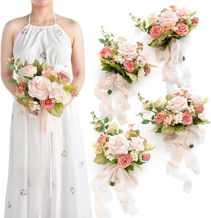 Artificial Flowers Burgundy & Navy Blue Bridesmaid Bouquet Set of 4