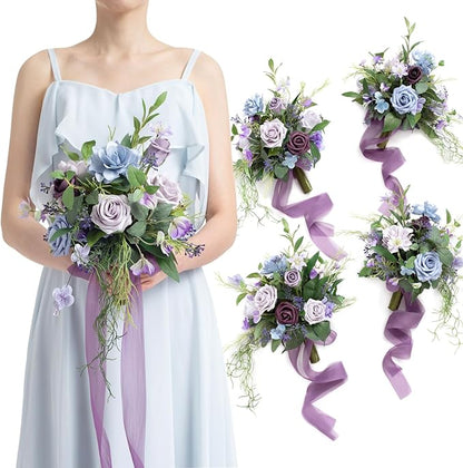 Artificial Flowers Burgundy & Navy Blue Bridesmaid Bouquet Set of 4