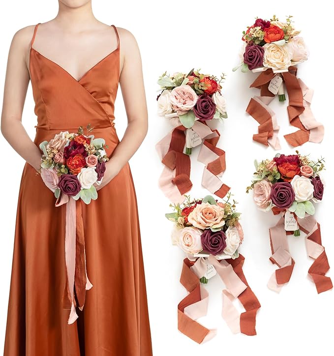 Artificial Flowers Burgundy & Navy Blue Bridesmaid Bouquet Set of 4