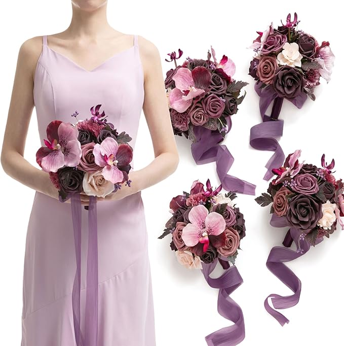 Artificial Flowers Burgundy & Navy Blue Bridesmaid Bouquet Set of 4