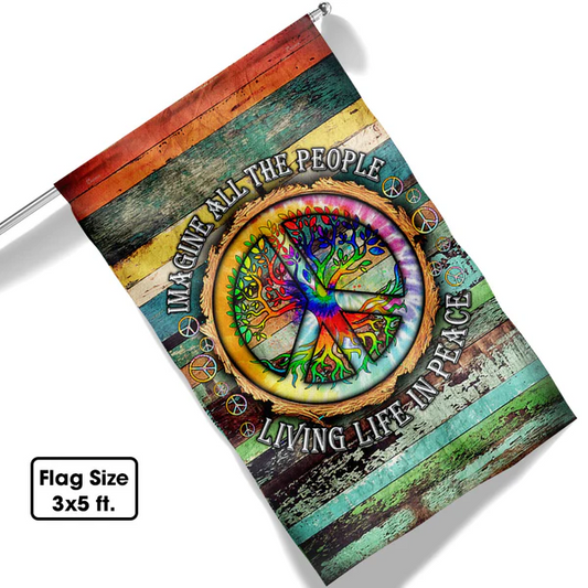 🌈 Peace Sign Hippie Flag – “Imagine” Quote Banner ✨