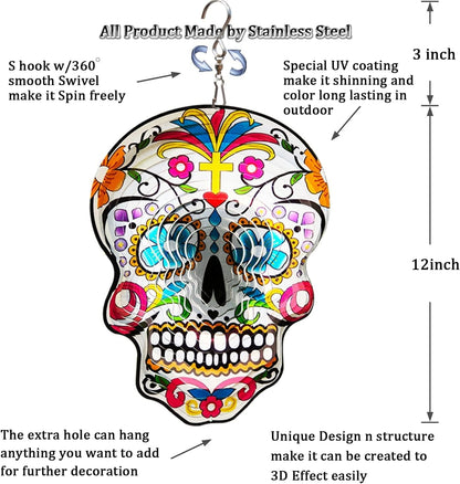 🔥 Summer Sale: 12″ Sugar Skull Wind Spinner – Metal Garden Ornament 💀🌬️