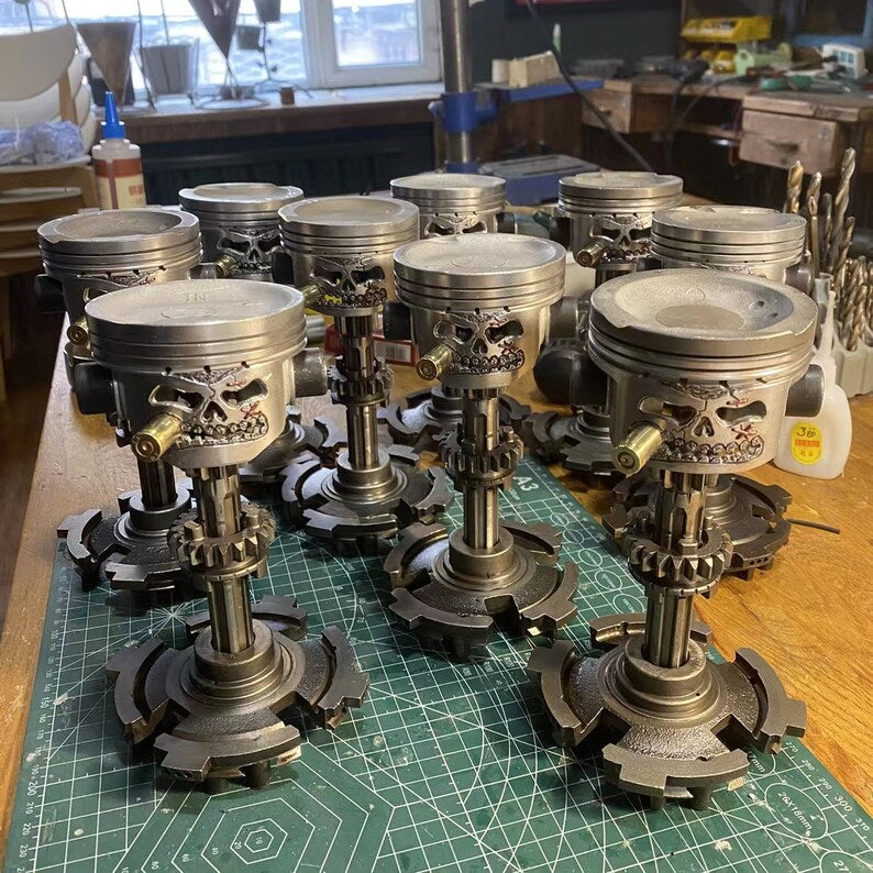 Custom Piston Skull Sculpture on Gear Base.