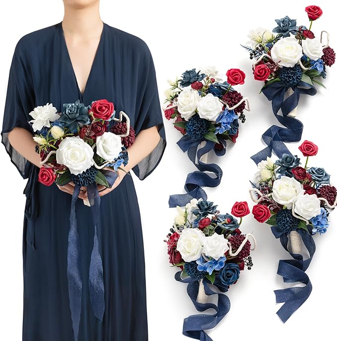 Artificial Flowers Burgundy & Navy Blue Bridesmaid Bouquet Set of 4