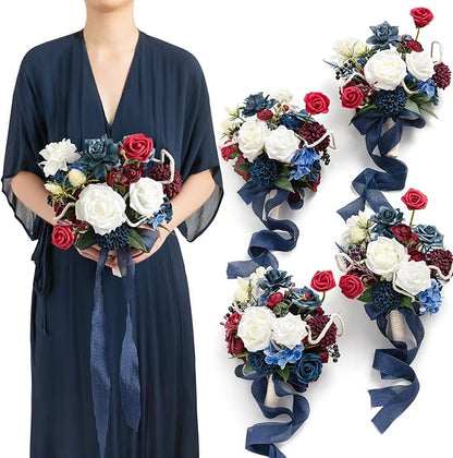 Artificial Flowers Burgundy & Navy Blue Bridesmaid Bouquet Set of 4