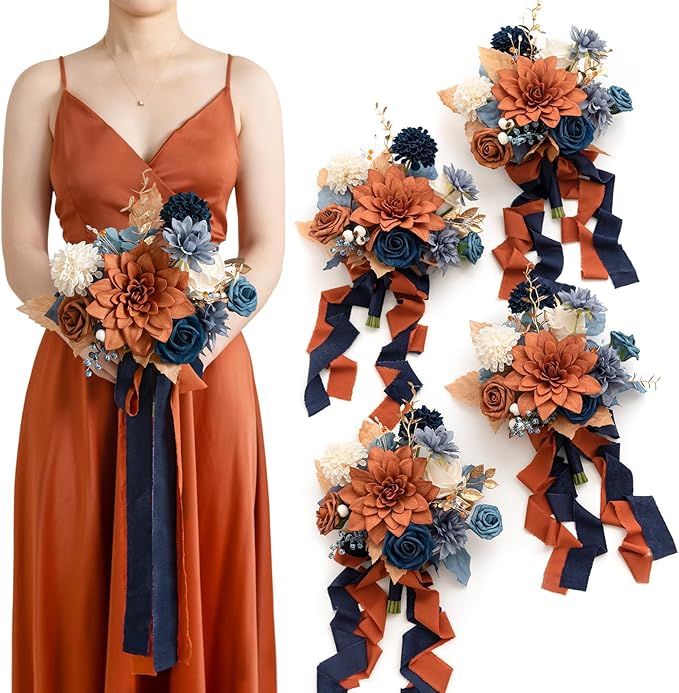 Artificial Flowers Burgundy & Navy Blue Bridesmaid Bouquet Set of 4