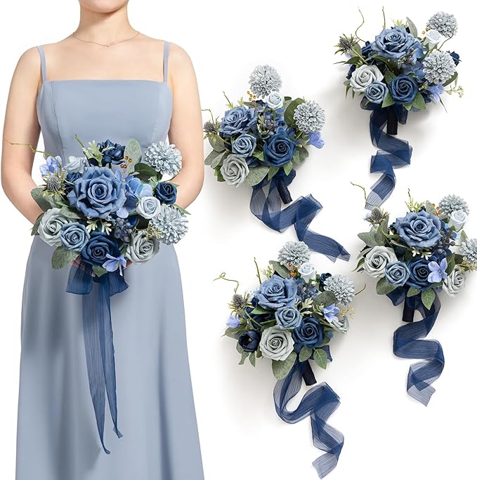 Artificial Flowers Burgundy & Navy Blue Bridesmaid Bouquet Set of 4