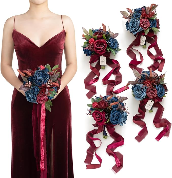 Artificial Flowers Burgundy & Navy Blue Bridesmaid Bouquet Set of 4