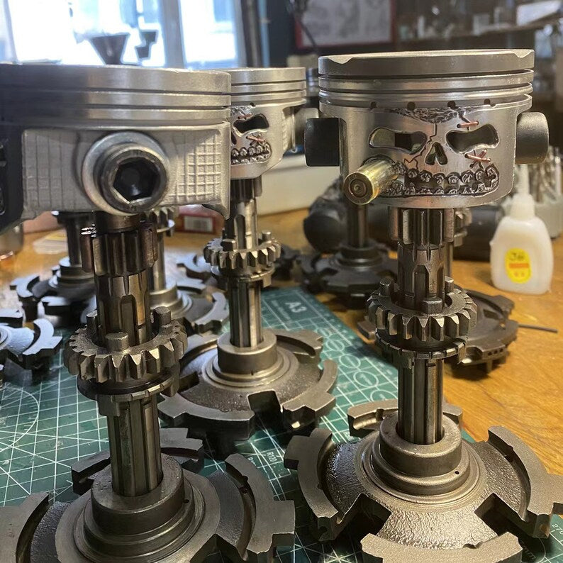 Custom Piston Skull Sculpture on Gear Base.
