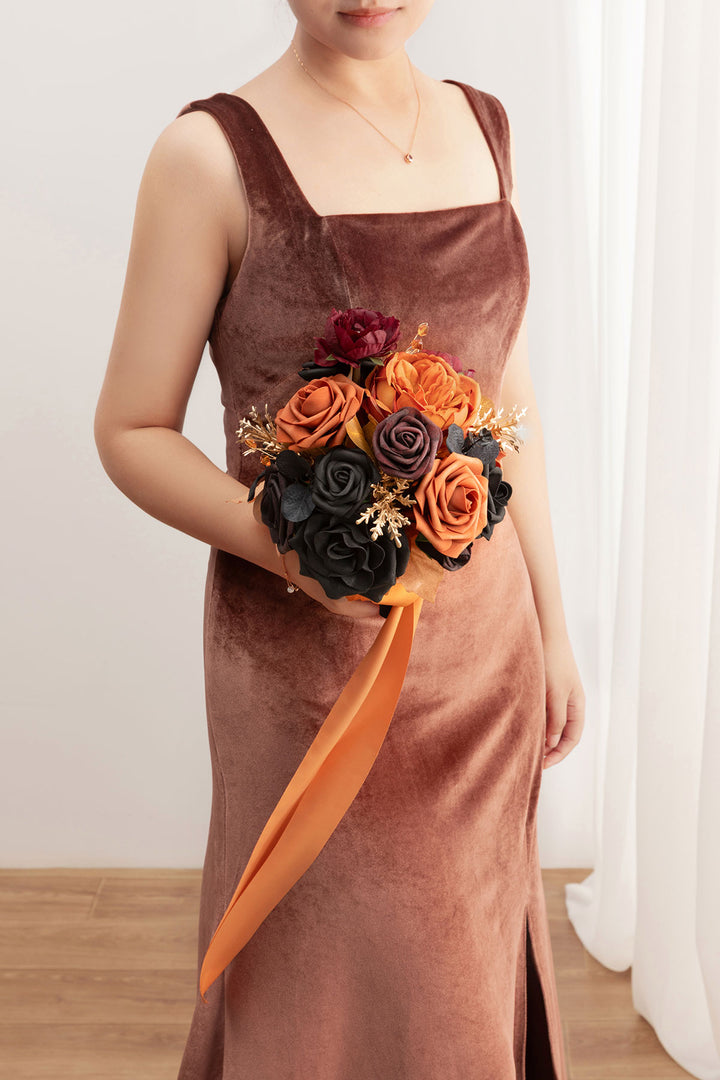 🎀Round Bridesmaid Bouquets in Black & Pumpkin Orange