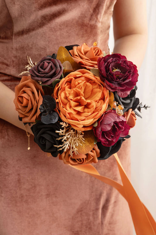 🎀Round Bridesmaid Bouquets in Black & Pumpkin Orange