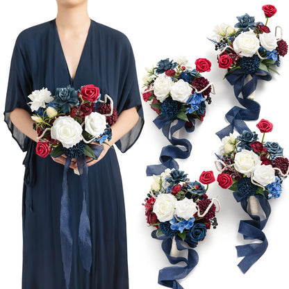 Artificial Flowers Burgundy & Navy Blue Bridesmaid Bouquet Set of 4