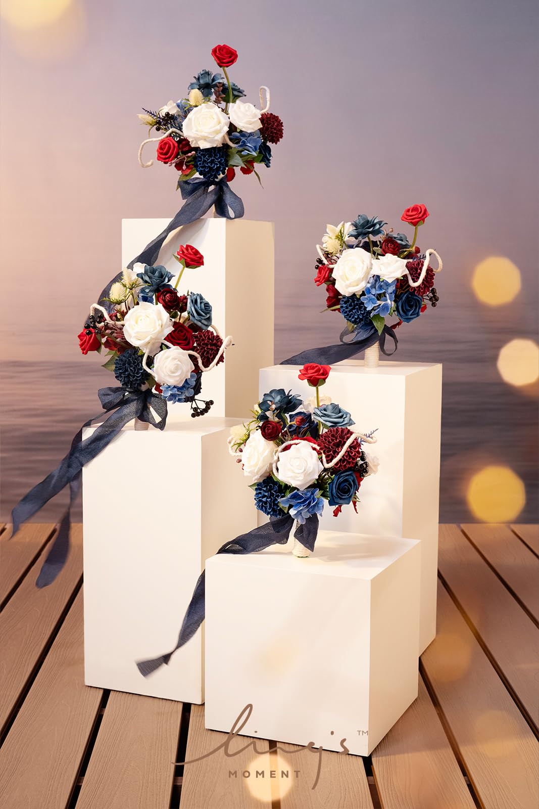 Artificial Flowers Burgundy & Navy Blue Bridesmaid Bouquet Set of 4