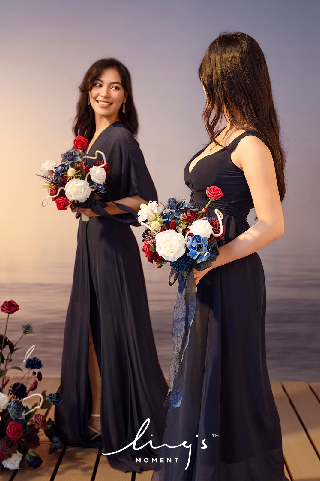 Artificial Flowers Burgundy & Navy Blue Bridesmaid Bouquet Set of 4