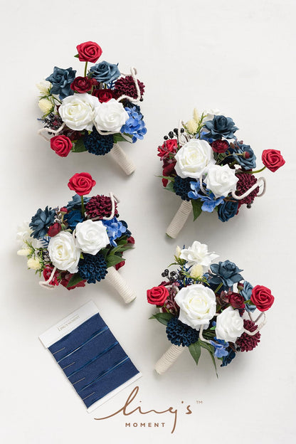 Artificial Flowers Burgundy & Navy Blue Bridesmaid Bouquet Set of 4
